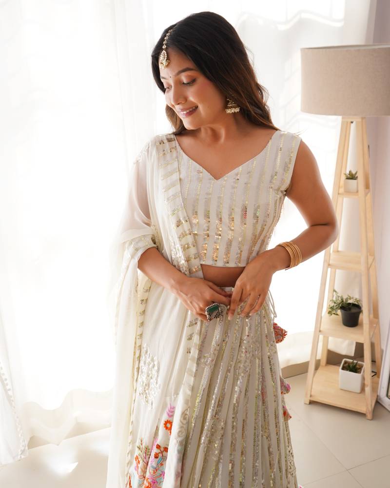 Fabulos White Georgette Sequin Floral Embroidered Lehenga Choli