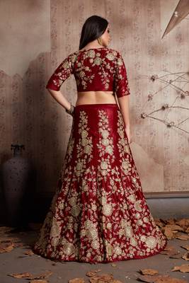 Mesmerizing Maroon Dori & Sequins embroidered semi velvet semi stitched wedding Lehenga 5