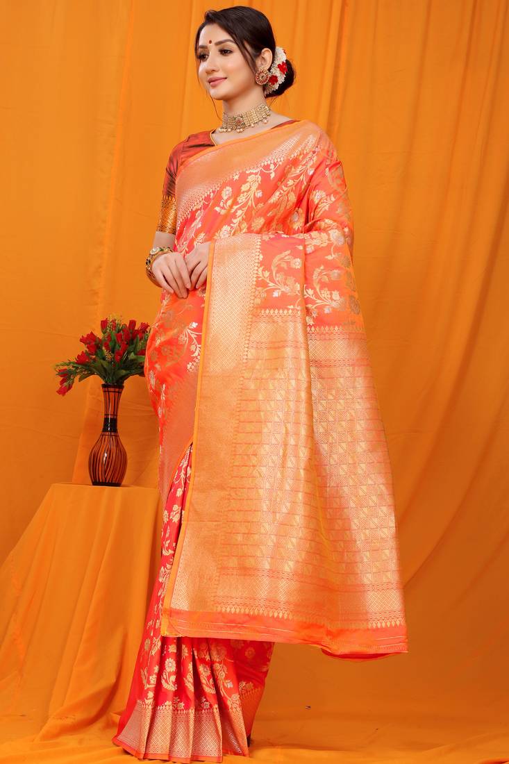 ORANGE  BANARSI SILK SAREE WITH ATTACHED BLOSUE 