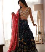 Dark Blue  Embroidered Gerogette Lehengha Ethincwear With Blouse
