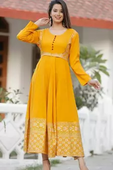 Yellow Rayon Printed Handwoven anarkali with Dupatta Set 