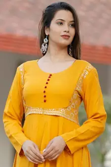 Yellow Rayon Printed Handwoven anarkali with Dupatta Set 