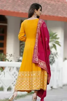 Yellow Rayon Printed Handwoven anarkali with Dupatta Set 