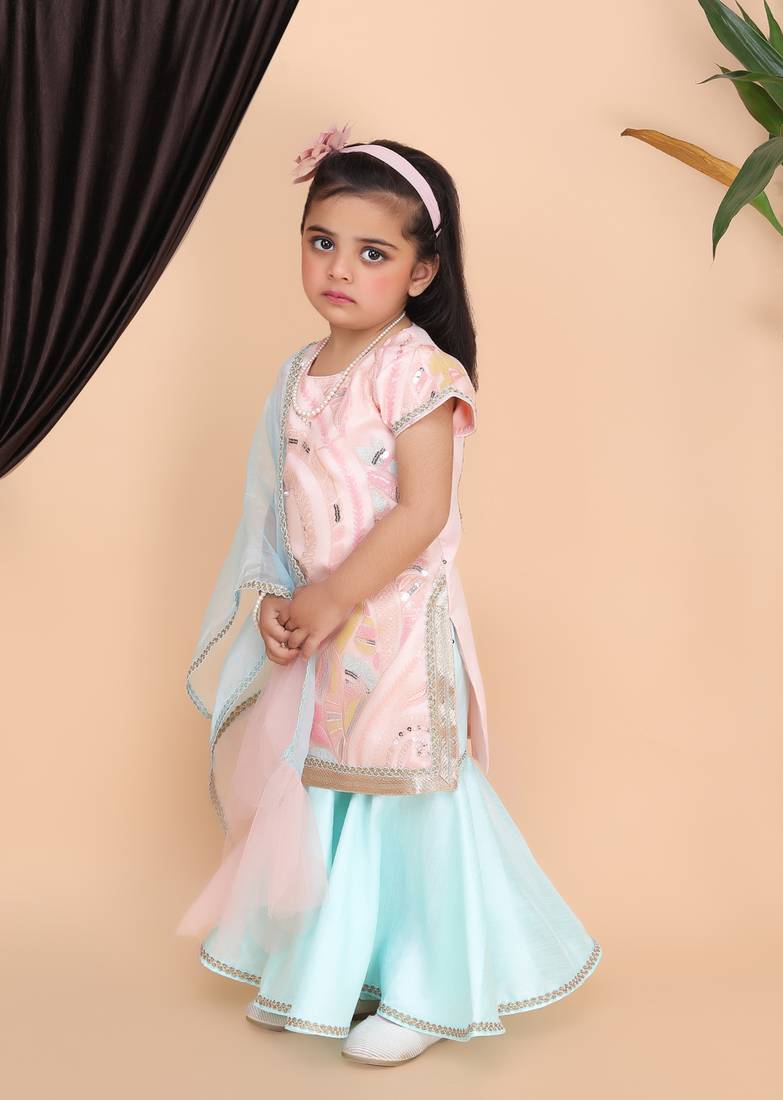 Peach Kurti Aqua Green Sharara