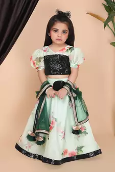 Green printed Lehnga black choli