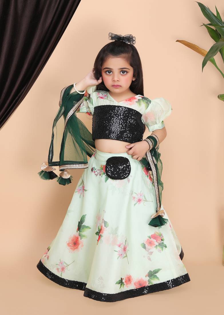 Green printed Lehnga black choli