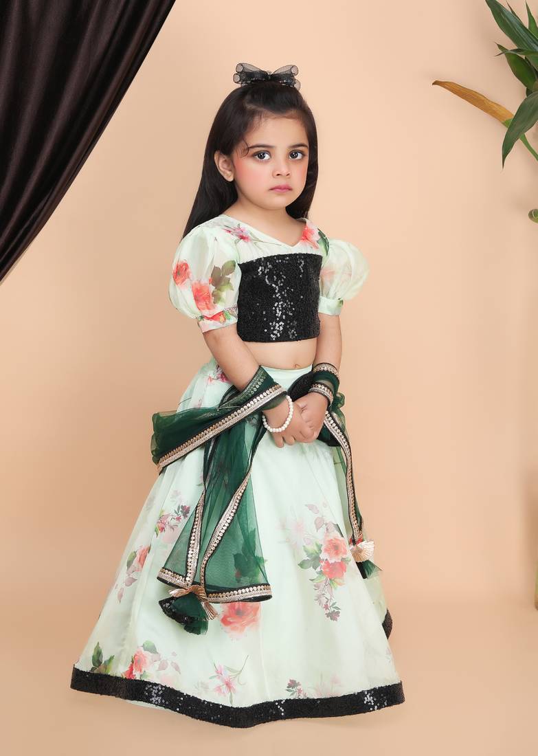 Green printed Lehnga black choli