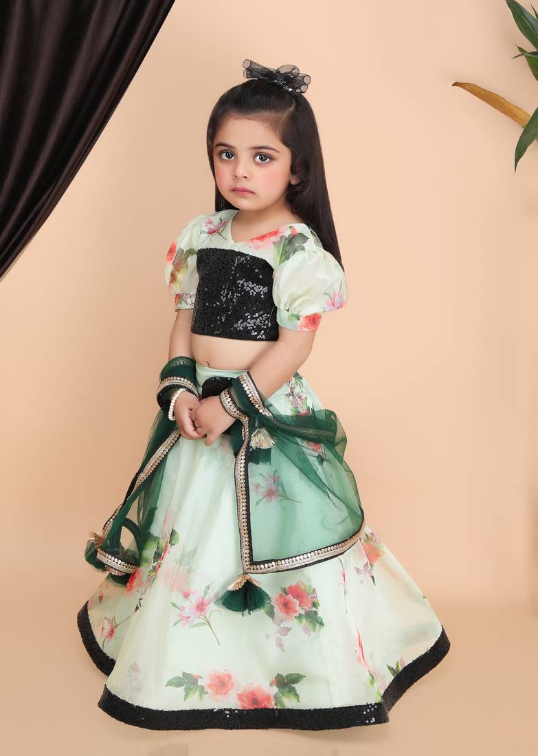 Green printed Lehnga black choli