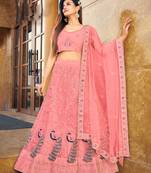 Light-crimson embroidered net semi stitched lehenga