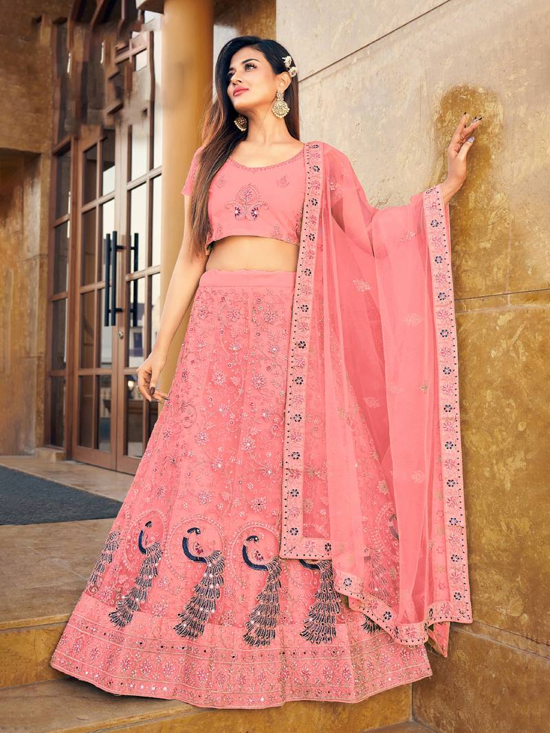 Light-crimson embroidered net semi stitched lehenga