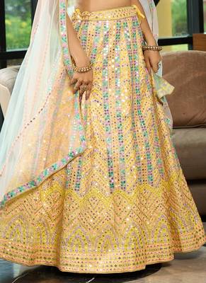 Yellow Sequins Zari And Thread Embroidered Heavy Dola Silk With Heavy Fusing Wedding Designer Lehenga 3