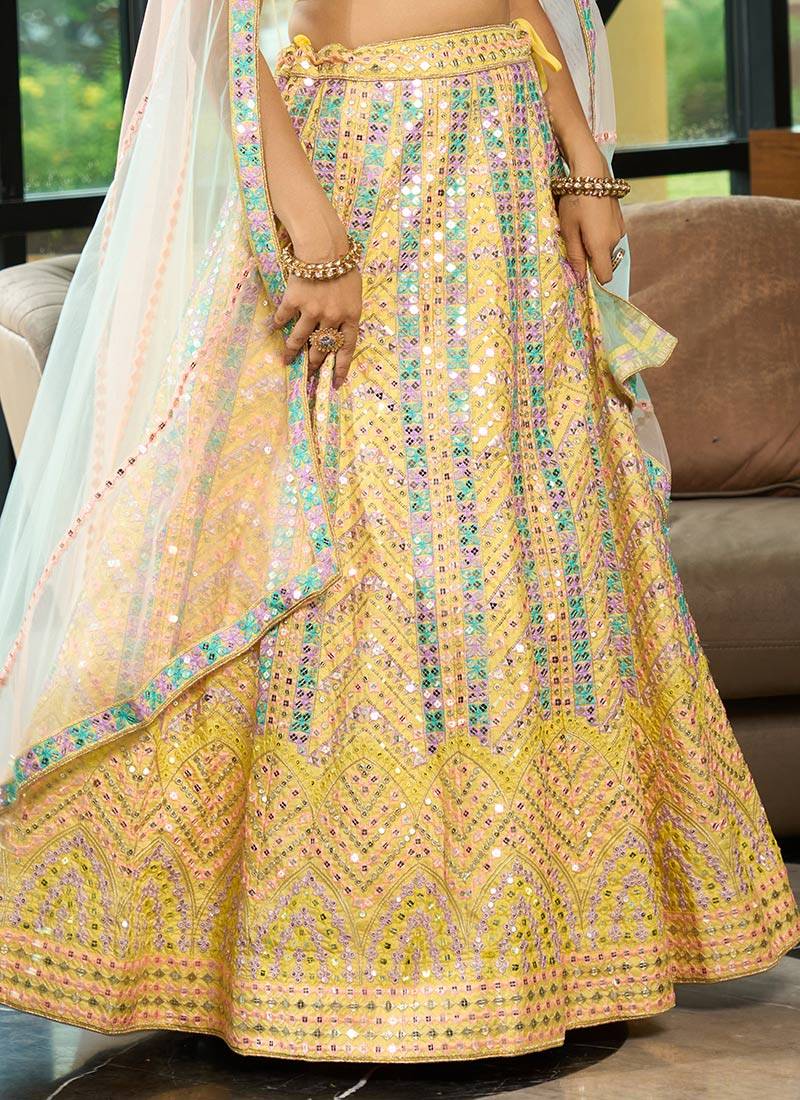 Yellow Sequins Zari And Thread Embroidered Heavy Dola Silk With Heavy Fusing Wedding Designer Lehenga