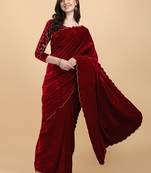 Maroon plain velvet saree with blouse
