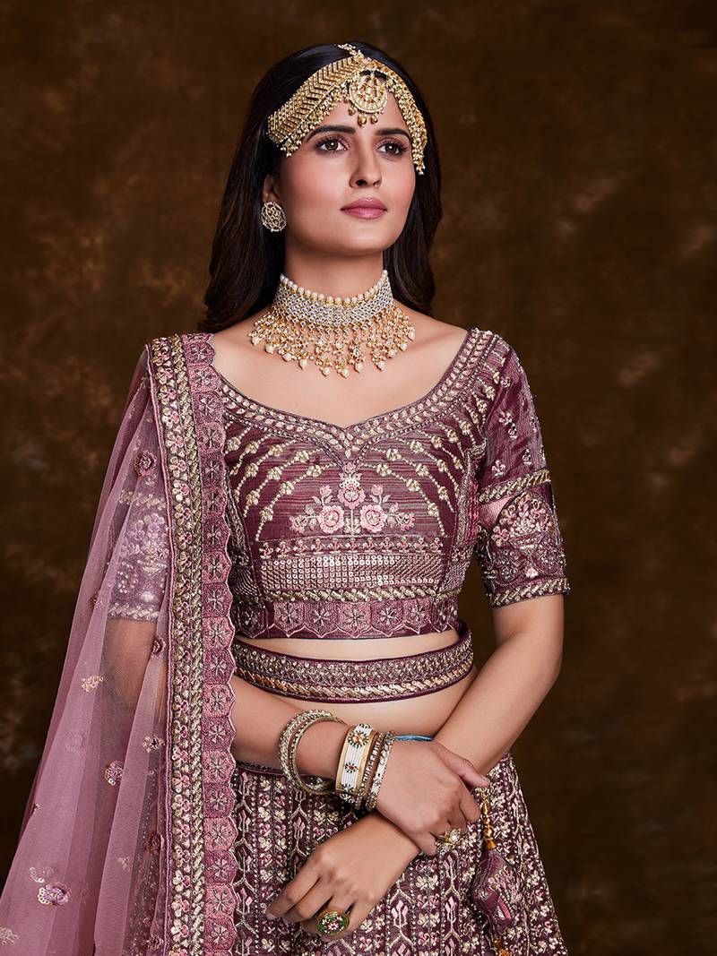 Exquisite Burgundy Lehenga Choli with Sequins and Embroidery Dupatta