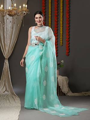 Sky Blue Organza Saree With Embriodered Saree With Blouse Piece. 1