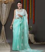 Sky Blue Organza Saree With Embriodered Saree With Blouse Piece.