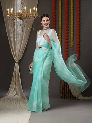 Sky Blue Organza Saree With Embriodered Saree With Blouse Piece. 2