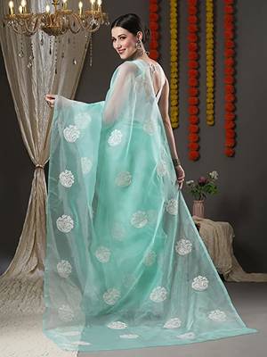 Sky Blue Organza Saree With Embriodered Saree With Blouse Piece. 3