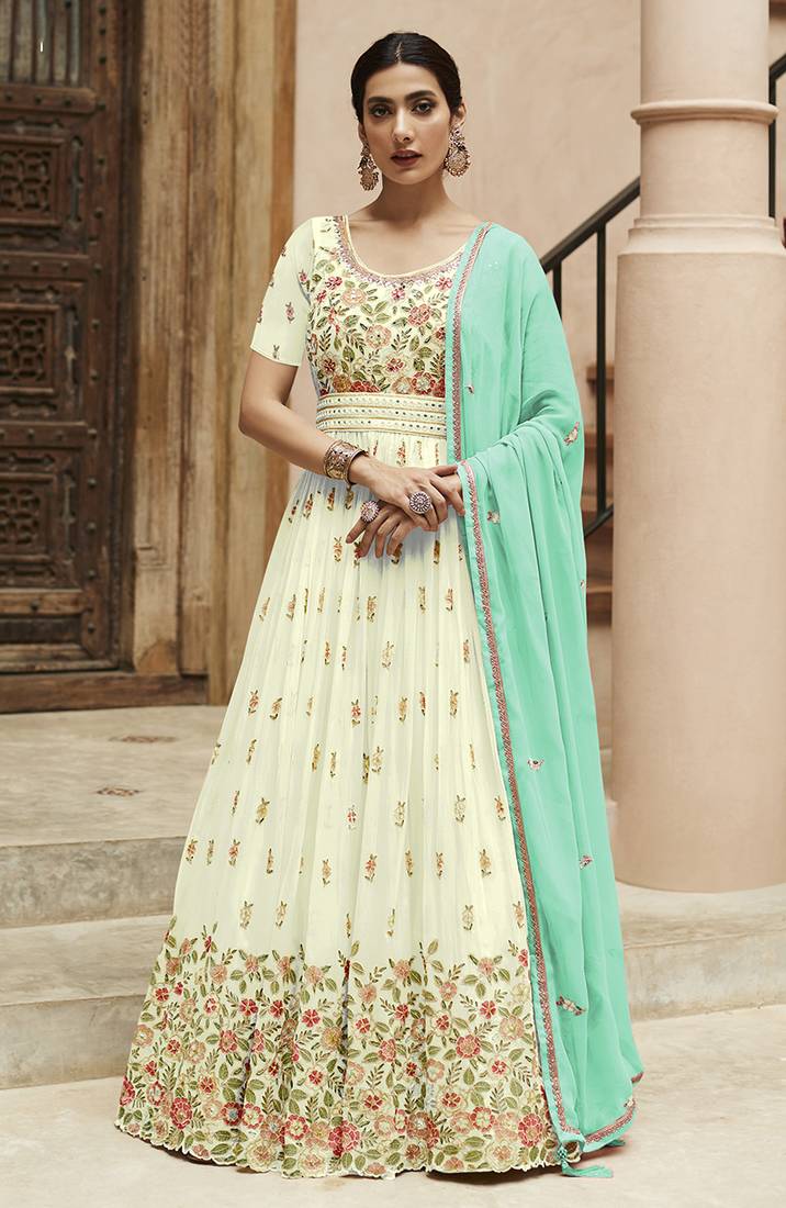 White Embroidered Gerogette Floor Length Salwar Kameez
