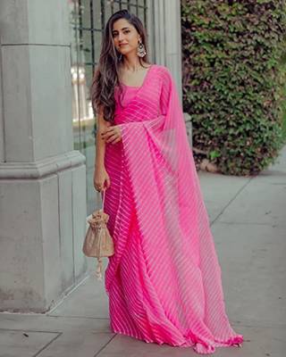 Pink Vichitra Silk Saree With Digital Leriya Pink Saree With Blouse Piece. 1