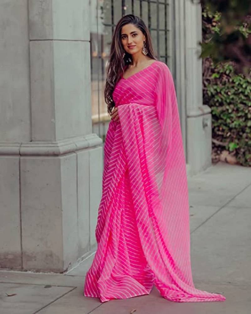 Pink Vichitra Silk Saree With Digital Leriya Pink Saree With Blouse Piece.