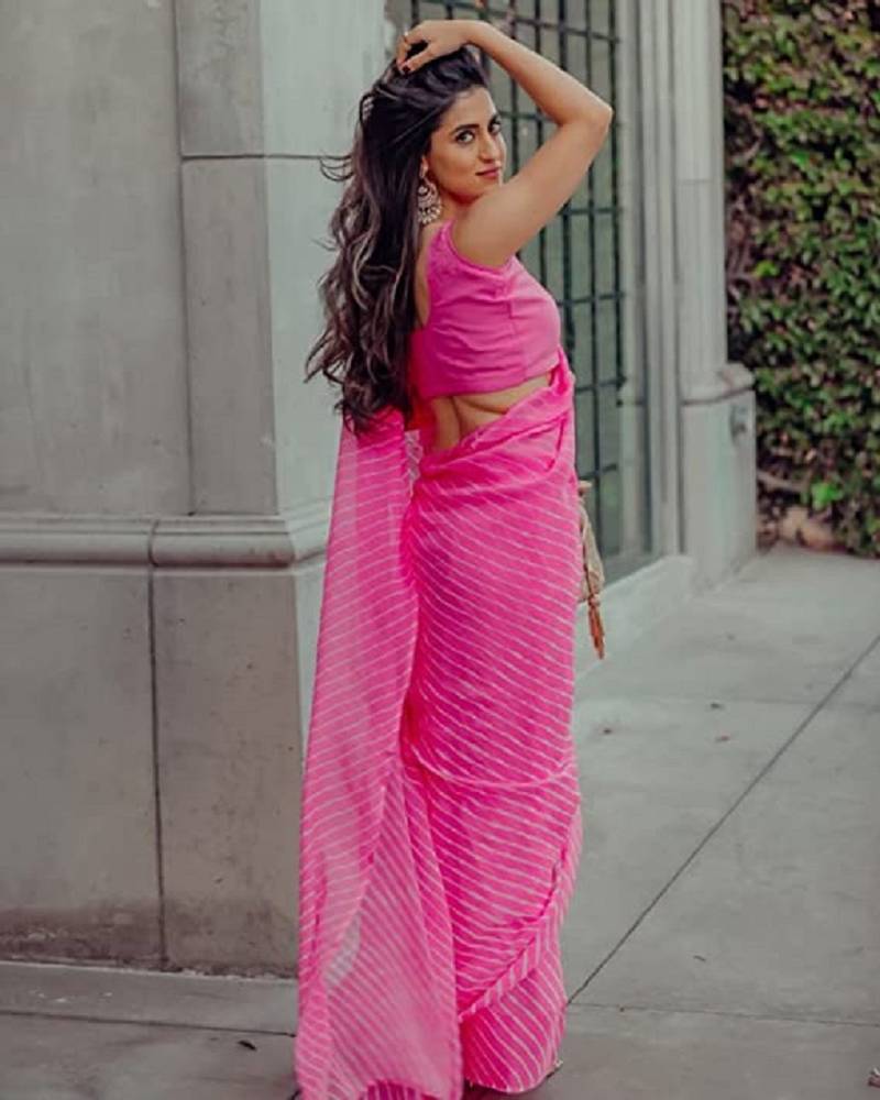 Pink Vichitra Silk Saree With Digital Leriya Pink Saree With Blouse Piece.