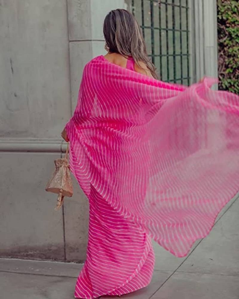 Pink Vichitra Silk Saree With Digital Leriya Pink Saree With Blouse Piece.