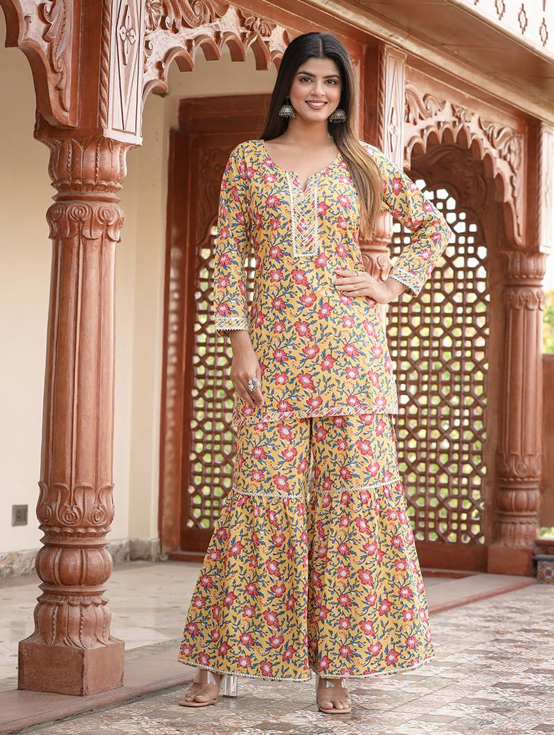 Yellow Floral Printed Kurta With Sharara (Set of 2)