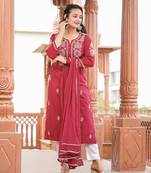 Wine Red Lucknow Chikankari Cotton Kurta Set With Dupatta (Set of 3)