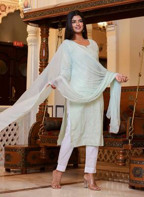 Green Lucknow Chikankari Suit Set (Set of 3) 3
