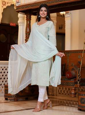 Green Lucknow Chikankari Suit Set (Set of 3) 4