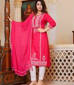 Pink Hand Embroidered Lucknow Chikankari Kurta Set With Dupatta (Set of 3)