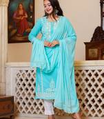 Turquoise Hand Embroidered Lucknow Chikankari Kurta Set With Dupatta (Set of 3)