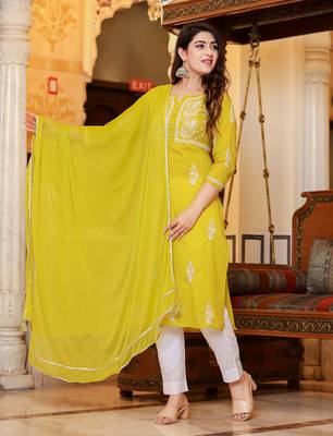 Mustard Lucknow Chikankari Kurta Pant Set With Dupatta (Set of 3) 1