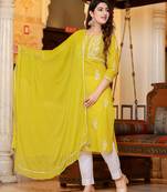Mustard Lucknow Chikankari Kurta Pant Set With Dupatta (Set of 3)