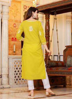 Mustard Lucknow Chikankari Kurta Pant Set With Dupatta (Set of 3) 2