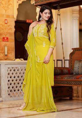Mustard Lucknow Chikankari Kurta Pant Set With Dupatta (Set of 3) 3