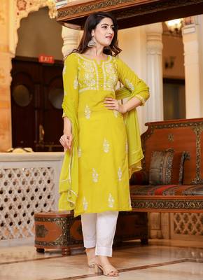 Mustard Lucknow Chikankari Kurta Pant Set With Dupatta (Set of 3) 4