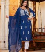 Navy Blue Lucknow Chikankari Kurta Pant Set With Dupatta (Set of 3)