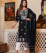 Black Lucknow Chikankari Kurta Set With Pant and Dupatta (Set of 3)