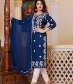 Navy Blue Lucknow Chikankari Kurta Set With Pant and Dupatta (Set of 3)