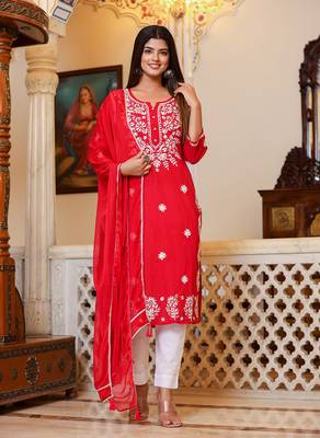 Red Lucknow Chikankari Kurta Set With Pant and Dupatta (Set of 3) 1
