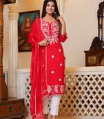 Red Lucknow Chikankari Kurta Set With Pant and Dupatta (Set of 3)