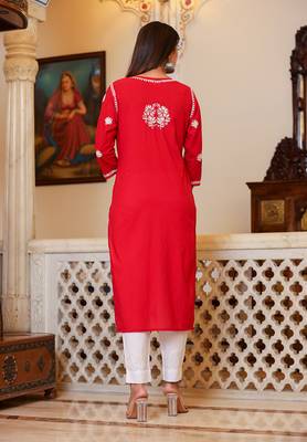Red Lucknow Chikankari Kurta Set With Pant and Dupatta (Set of 3) 2