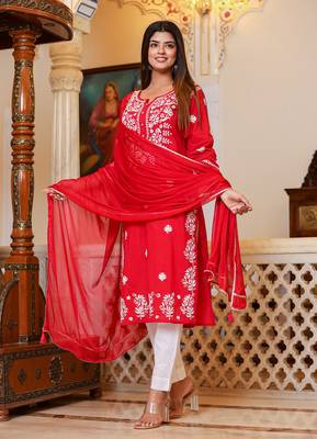 Red Lucknow Chikankari Kurta Set With Pant and Dupatta (Set of 3) 3