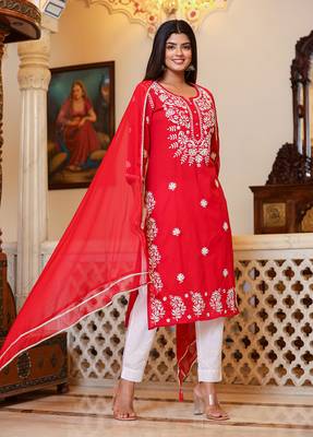 Red Lucknow Chikankari Kurta Set With Pant and Dupatta (Set of 3) 4