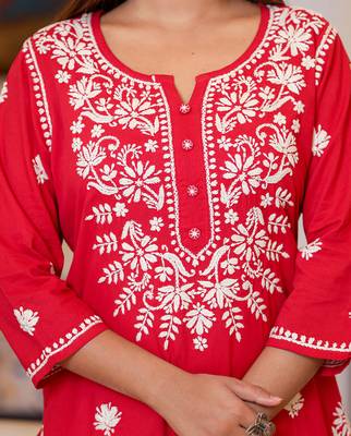 Red Lucknow Chikankari Kurta Set With Pant and Dupatta (Set of 3) 5