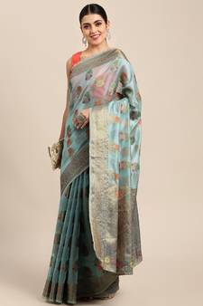 Blue woven organza saree with blouse