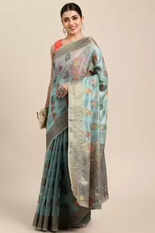 Blue woven organza saree with blouse