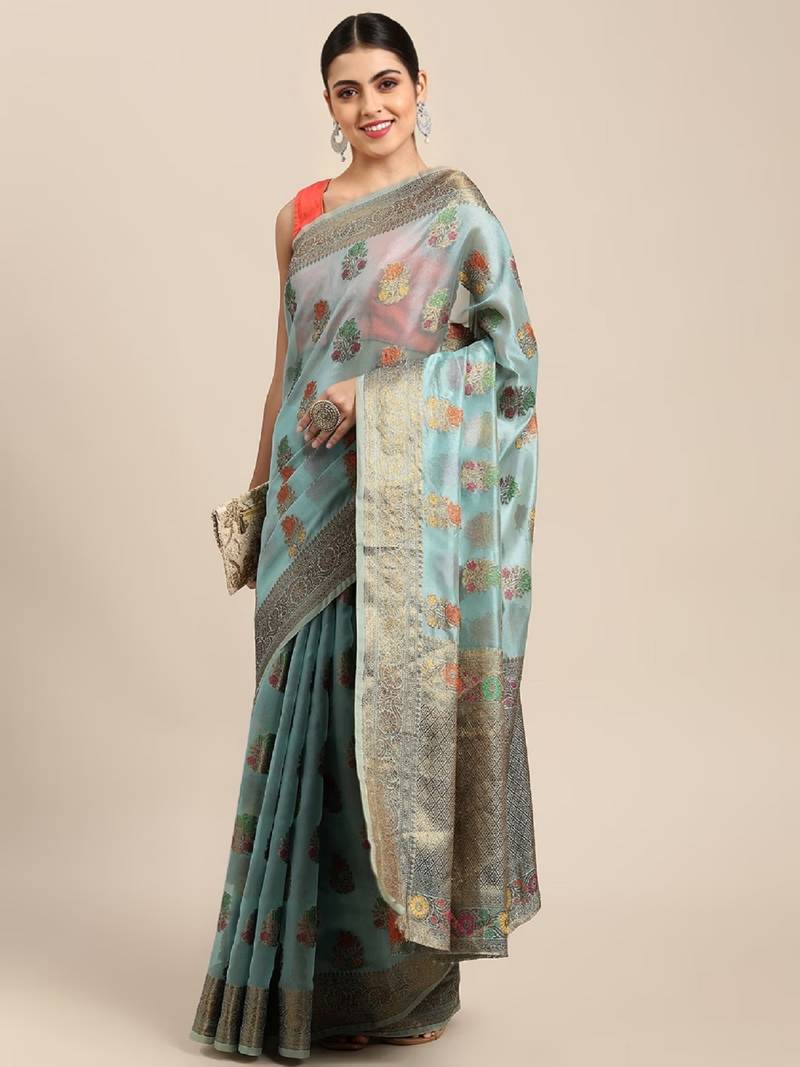 Blue woven organza saree with blouse